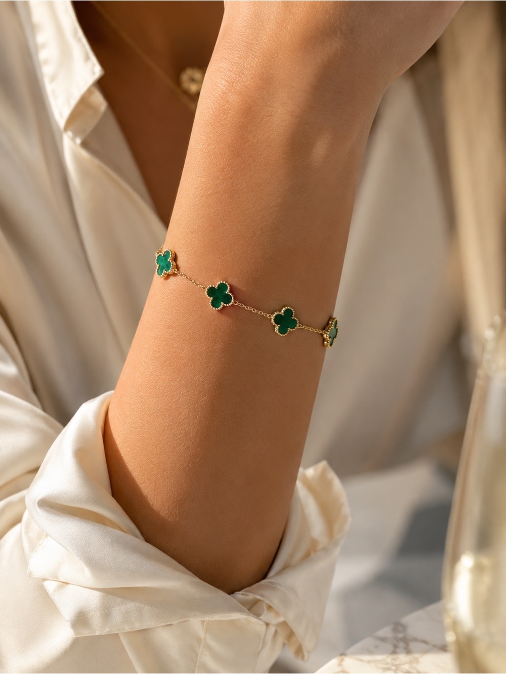 Green Clover Gold Tone Bracelet |Lucky Clover Chain Bracelet|Designer-Inspired